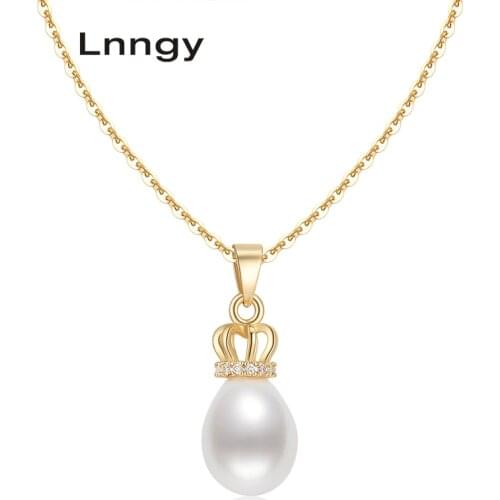 Lnngy 14K Gold Filled Crown Pendant 9-9.5mm Natural Freshwater Pearl Chain Necklace Women Anniversary Wedding Jewelry Gifts