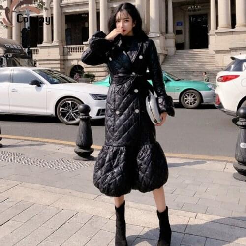 Cotday Fashion Cotton Coat Long Temperament Diamond Lattice Women Belt Double Breasted High Street Thick Full Sleeve Parka Coat