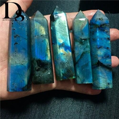 DS 5pcs Natural Labradorite Wand Point Moonstone Wand Quartz Crystal Healing Hexagonal Magic Point Wand Gifts