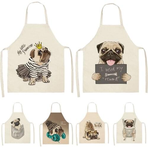 Cute Dog Pug Printed Cotton Linen Sleeveless Apron Kitchen Aprons Women Home Cooking Baking Waist Bib Pinafore TCWQ06