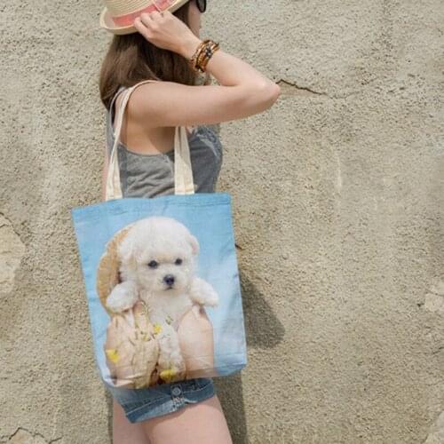 Cute Dog Photo Ladies Canvas Tote Bag 3d Print Girl Outdoor Travel Storage Bag Large-Capacity Foldable Supermarket Shopper Bag