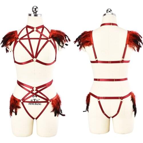 JLX.HARNESS Red Gothic Feather Body Harness Belt corset Lingerie Top Cage Bra Set &Feather Thong Harness Sexy G-string Panties