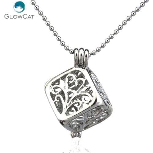 K73 Silver Tone Square Tree Diffuser Locket Necklace Girl Aromatherapy Steel 16" Aroma Essential Oil Diffuser Locket