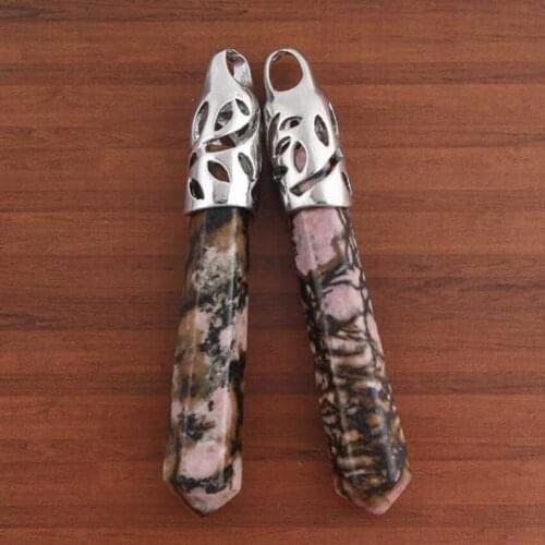 KFT Silver Plated Natural Rhodonite Stones Hexagon Prism Pendulum Stone Pendant Charm Jewelry