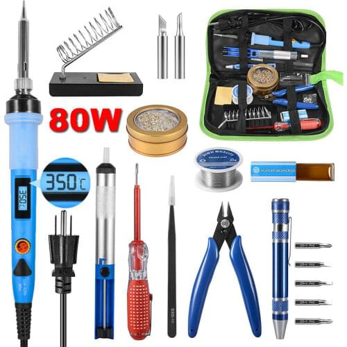 Soldering Iron Kit 80W LCD Welding Tool Station Tip Cleaner Sucker Wire Tweezers