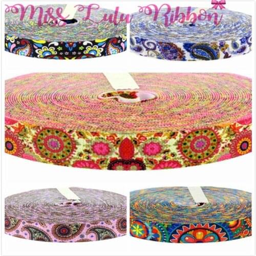 5/8"16mm Retro Beautiful Flower Printed Fold Over Elastic Ribbon Swirl Series Geometric DIY Hair Band Gift Packing Stiffs