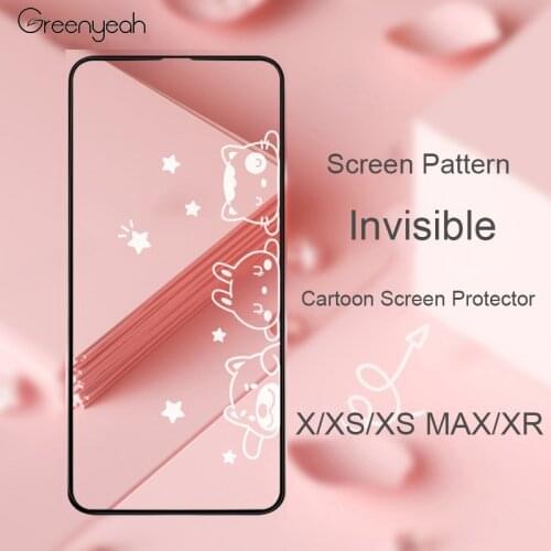 Cartoon Tempered Glass Screen Protector for iPhone X XS XR XS MAX Inivisble Pattern Front Film Cute Full Cover Decorative Film