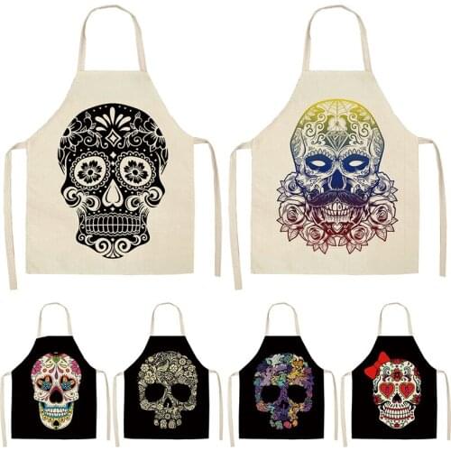 1Pcs Skull Pattern Kitchen Apron 53*65cm for Cooking Sleeveless Cotton Linen Aprons Adult Bibs Home Cleaning Accessories 46303
