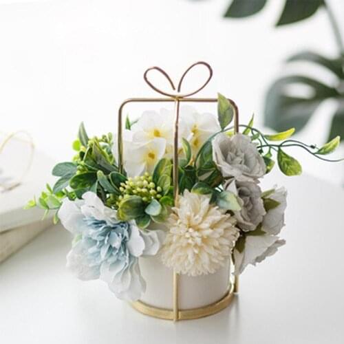 Nordic Simulation Flower Set Ceramic Golden Vase Rose Flowers Artificial Plants Potted Home Party Villa Living Room Decoration