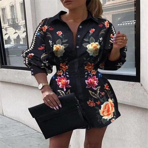Womens Printed Lantern Long Sleeve Dress, Autumn Fashion Wild Casual Long Sleeve Lapel Shirt Dress Flower Printed