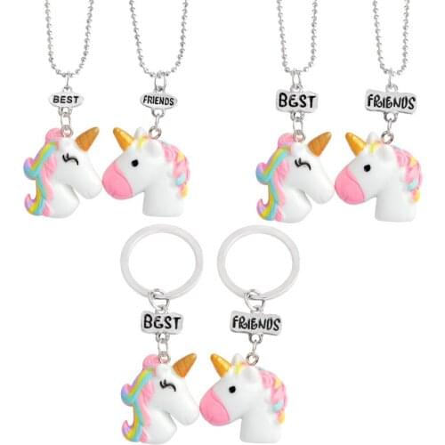 2pcs/set Best friends Rainbow horse Pendant Necklace Keychain for Kid Friends Animal Horse Keyring Friendship BFF Jewelry Gift