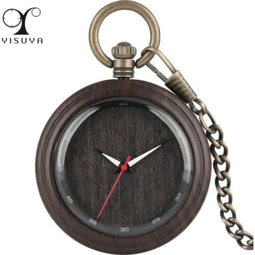 Luminous Hands Simple Ebony Wood Quartz Pocket Watch Natural Stylish Pendant Pocket Timepiece Bronze Chain New Wooden Clock