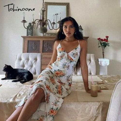 Tobinoone Deep V Neck Lace Up Summer Party Dress Women Spaghetti Strap Backless Sexy Beach Dresses Female Midi Dress Vintage