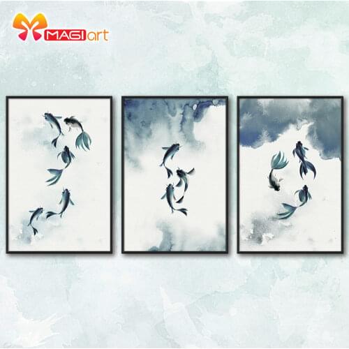 Cross stitch kits Embroidery needlework sets 11CT water soluble canvas patterns 14CT Animal Style Ink-painting fish-NCMA088