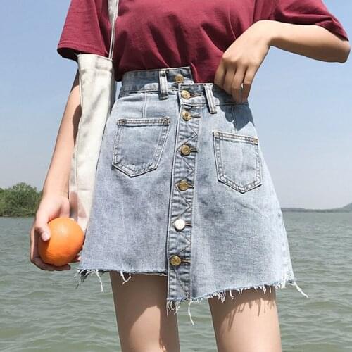 Women Summer Blue Solid Casual High Waist Denim Skirts High Street Pockets Button All-matched Jeans Skirt