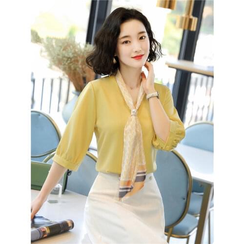 Womens Blouse New 2021 Summer Half Sleeve Scarf Collar Shirts Casual Loose Office Lady Elegant Blouses Yellow Top Plus Size 4XL
