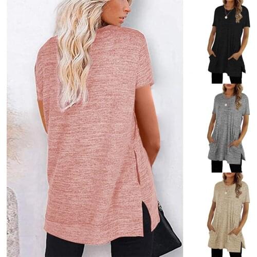 2021 New Women T-shirt Solid Color Pockets Autumn Round Neck Short Sleeve Blouse for Dating