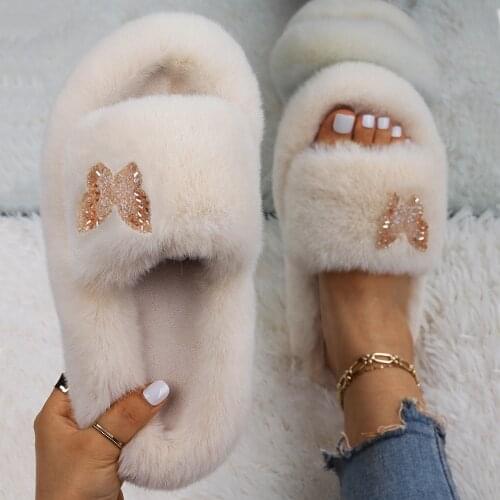 Fluffy Slippers Women Cute Butterfly Decor Faux Fur Slides Platform Sandals Winter Warm Slippers Plus Size Outdoor Casual Shoes