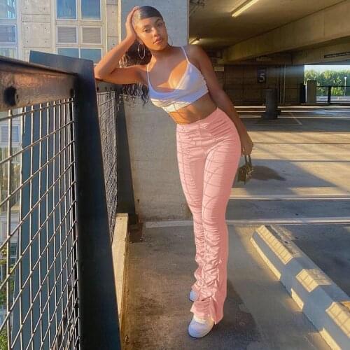 TNNAOFF Plus Size Solid Stacked Flare Pant for Women Spring Fall 2021 Fashion Elastic High Waist Streetweat Club Lounge Trousers