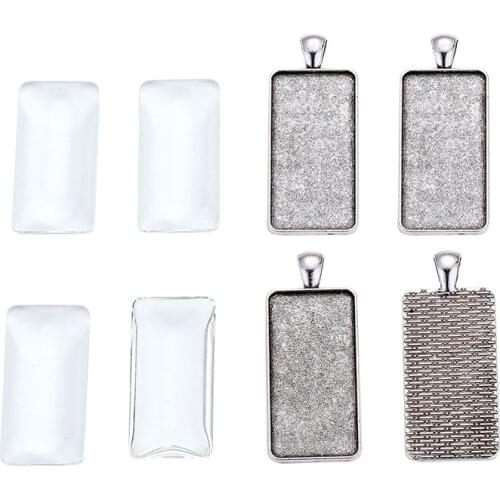 5Set Rectangle Pendant Making Sets with Alloy Pendant Cabochon Settings and Glass Cabochons Cadmium Free Lead Free Tray: 38x19mm