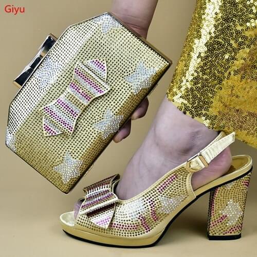 Doershow Italian Shoes and Bags To Match Shoes with Bag Set Decorated with Rhinestone Nigerian Women Wedding Shoes set!SMS1-32