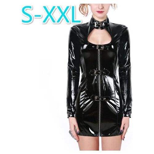 2021 Hot Buckle PVC Dress Shiny Women Gothic Long Sleeve Mini Dresses Zip Up Bodycon High Collar Open Bust Wetlook Clubwear Cost