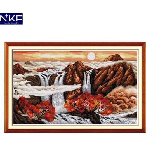 NKF Sunrise In Autumn Counted Cross Stitch Pattern Painting DIY Needlework Embroidery Scenery Cross Stitch Kit for Home Decor