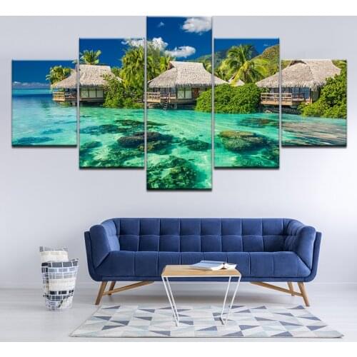 Canvas Painting house in the ocean Fiji landscape 5 Pieces Wall Art Painting Modular Wallpapers Poster Print Home Decor