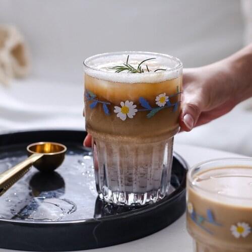 258/350ML Korean Small Daisies Print Glass Coffee Mug Creative Glass Cup Juice Milk Tea Beer Glass Kitchen Accessories