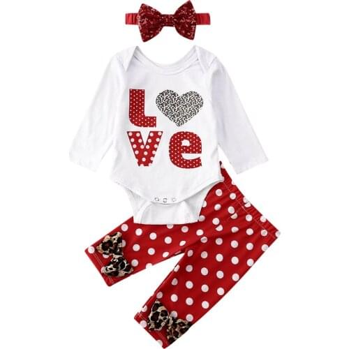3PCS Newborn Baby Girl Outfits Clothes Romper Bodysuit+Pants Leggings Autumn Valentines Day Love Top Dot Trousers Bow Headband