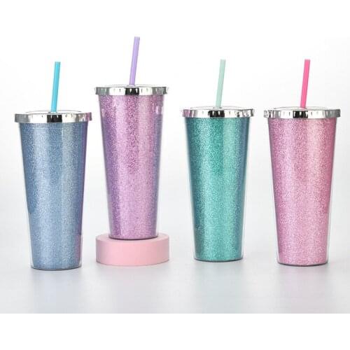 30pcs / lot Fashionable Colorful Cup with Straw and Lid Big Capacity 24 OZ Double-layer Plastic Straw Cup