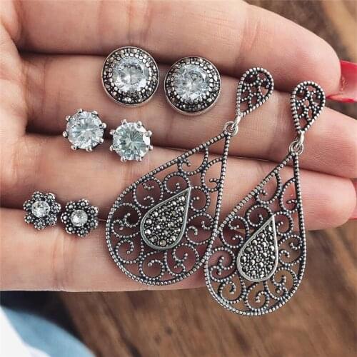 Modyle 4 Pair/set Bohemian Water Drop Flower Round Crystal Gem Hollow Pattern Earrings Women Charm Party Jewelry