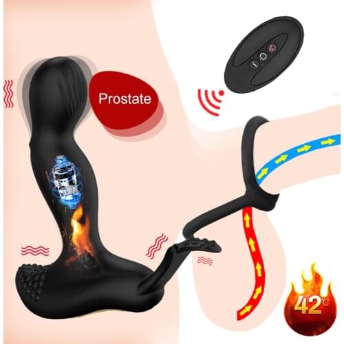 Heating Prostate Massager Anal Vibrator Double Ring Butt Plug Remote Adult Products Delay Ejaculation Ring Sex Toys for Men