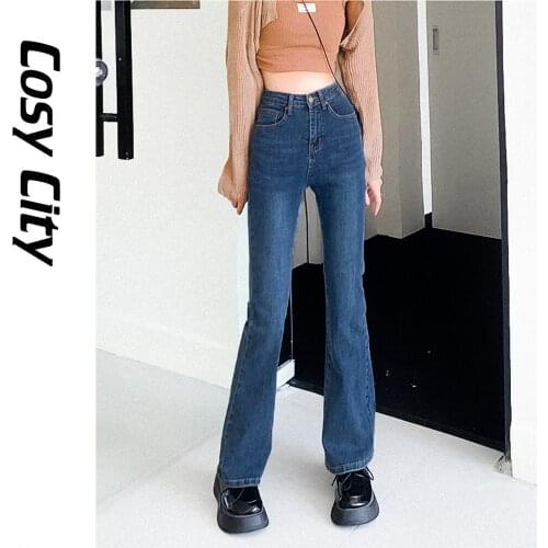 2021 New Y2k Korean Fashion High Waist Wide Leg Flare Jeans Skinny Pants For Women Girls Bell Bottom Bootcut Denim Lady Trousers