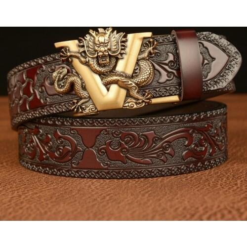 New Male V Automatic Buckle Dragon Brand Belt Men Luxury Genuine Leather Mens Business Belts For Men Causal Jeans Ratchet Belt