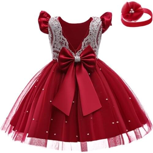 Toddler Girls Big Bow Princess Dress Kids Baby Backless Birthday Wedding Red Costume Children Elegant Party Vintage Tutu Clothes