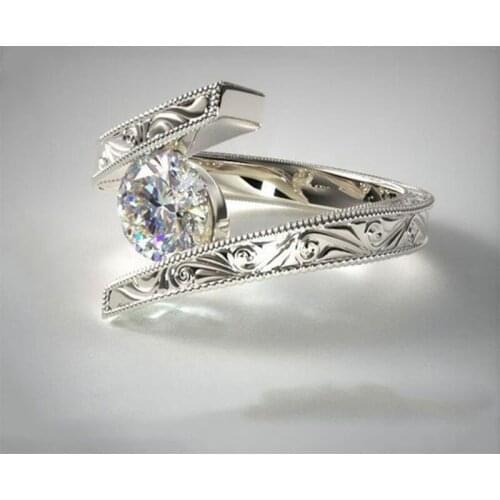 Luxury Vintage Geometric Decorative Pattern Ring Big Crystal Stone White Gold Rings For Women Wedding Jewelry Engagement Rings