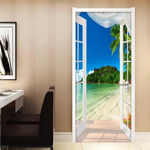 DIY Self-adhesive Door Sticker 3D Beach Landscape PVC Waterproof Door Mural Photo Wallpaper For Living Room Bedroom Decoration