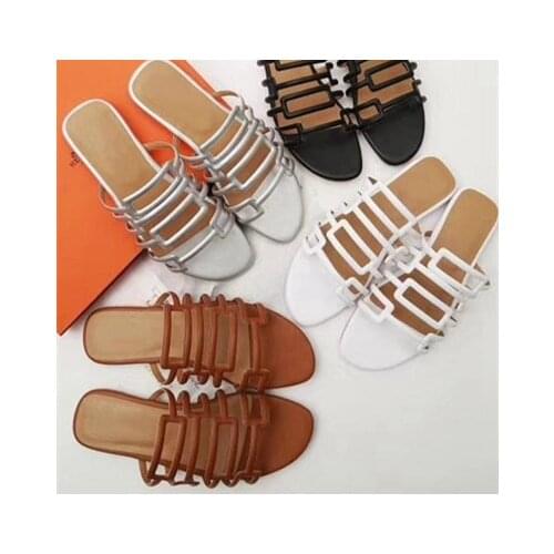 Slides Women Narrow Bands Design Chain Genuine Leather Slippers Flat Shoes Summer Fashion Luxury Brand New Design Woman Shoes