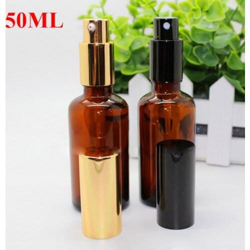 Thick 50ml Amber Glass Spray Bottles Wholesale Essential Oils Glass Bottle With Black Pump Sprayer Gold Cap For Cosmetics Perfum