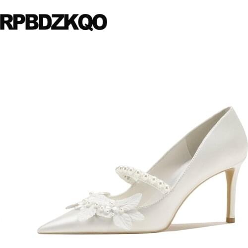 Satin 8cm High Heels Women Leaf Pointed Toe Pearl Stiletto Ivory Bridal Shoes Girls White Pumps Wedding Mary Jane Bridesmaid