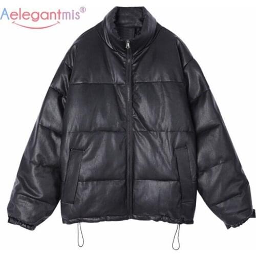 Aelegantmis Vintage Thick Warm PU Leather Parkas Women new Fashion Oversized BF Drawstring Loose Jackets Street Causal Outerwear
