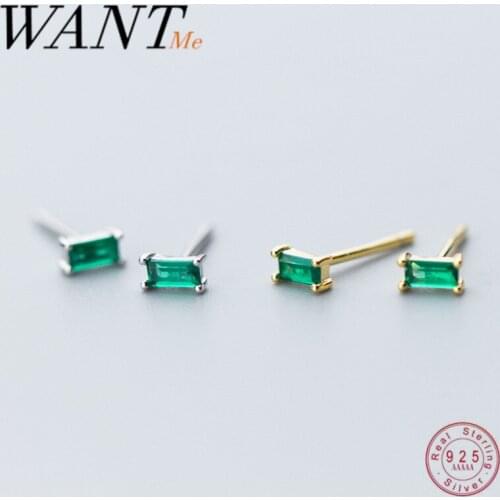 WANTME Genuine 925 Sterling Silver Mini Green Zircon Geometric Square Stud Earrings for Women Cute Korean Youth Birthday Gift