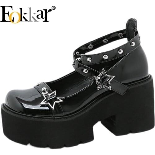 EOKKA 2021 Women Mary Jane Platform Shoes Goth Pumps Chunky Heel Mary Janes Patent Leather High Heels Spring Buckle Pumps