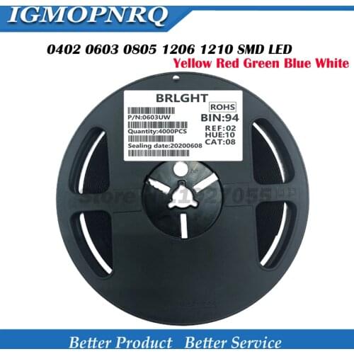 1Reel 0402 0603 0805 1206 1210 SMD LED light Yellow Red Green Blue White 5000PCS 4000PCS 3000PCS 2000PCS