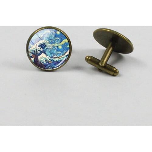 2018 New Arrival The Great Wave Cufflinks Crafts Glass Glass Dome Painting Wave Accessories High Quality Jewelry Shirt Cufflinks