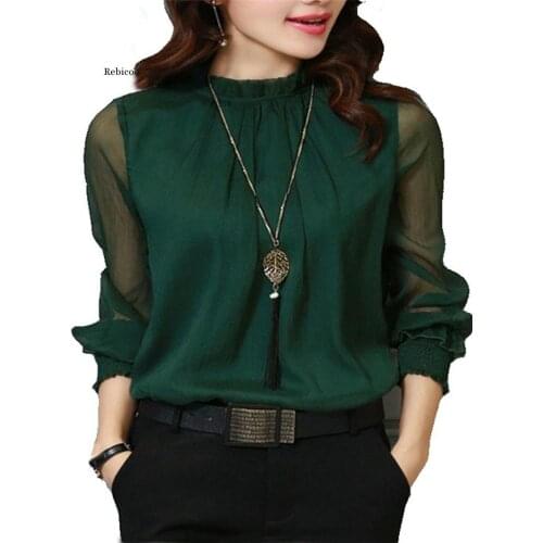 Chiffon Blouse New Women Tops Long Sleeve Stand Neck Work Wear Shirts Elegant Lady Casual Blouses Womens Blusas Plus Size