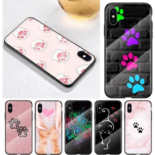 Cat dog paw footprints For Apple iPhone 12 11 8 7 6 6S XS XR SE X 2020 Pro Max Mini Plus Tempered Glass Phone Case