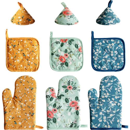 2pcs/pack Oven Mitts Heat Resistant Kitchen Gloves Baking Gloves Polyester Cotton 7 Colors