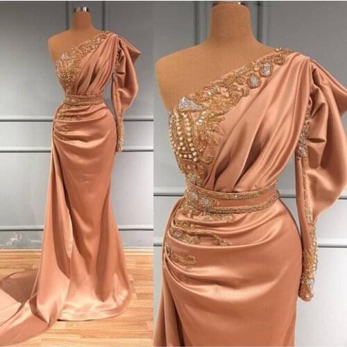 Elegant One Shoulder Evening Gowns Satin Appliques Beads Ruffles Long Sleeve Mermaid Prom Dresses Saudi Arabia Robe De Soiree